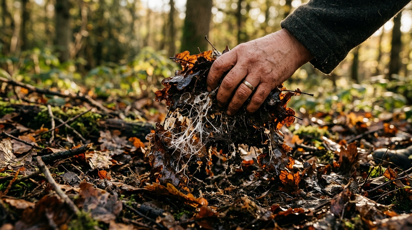 Main soulevant des feuilles en décomposition au sol