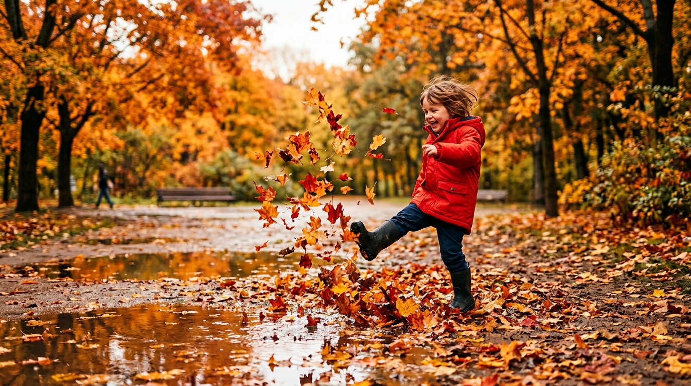 Enfant jouant dans les feuilles d'automne après la pluie