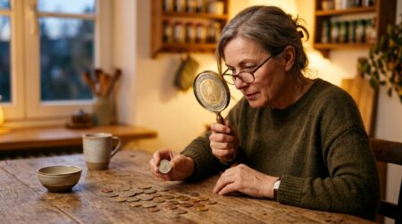 Femme examinant une pièce de 2 euros à la loupe