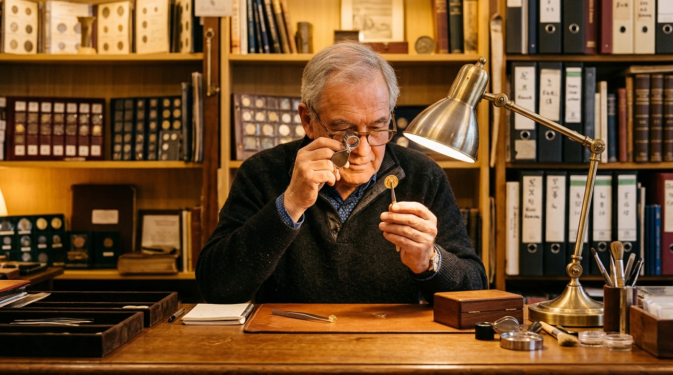 Expert numismate inspectant une pièce sous une lampe