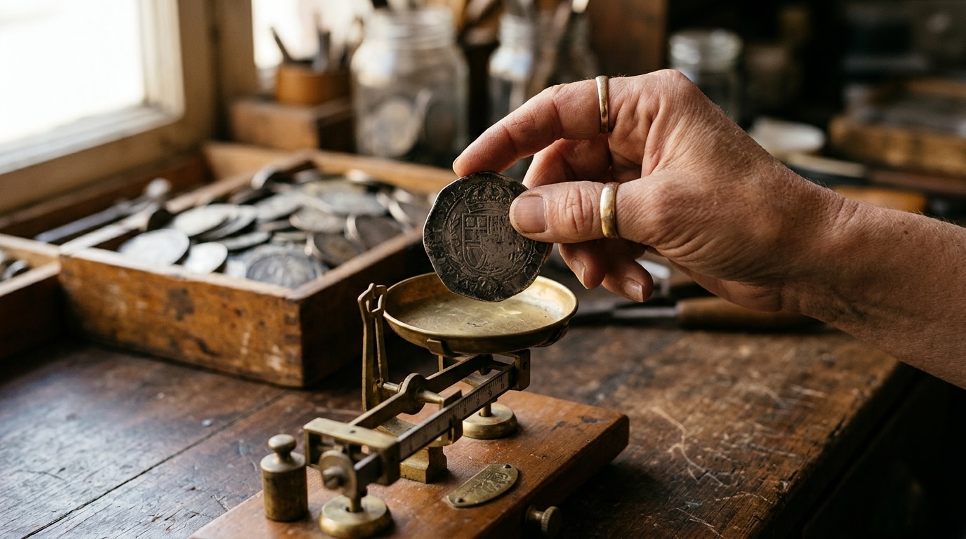 Main tenant une pièce ancienne au-dessus d'une balance de précision