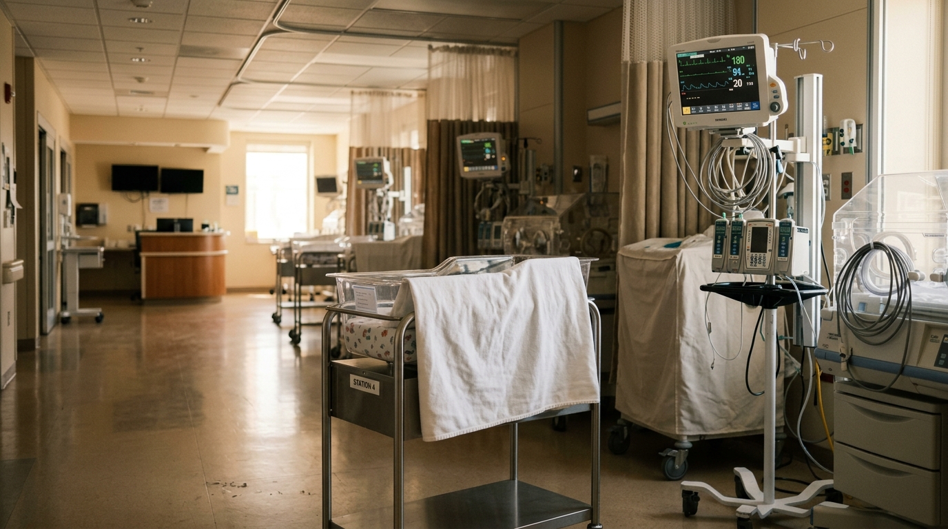 Chambre de néonatologie vide avec un berceau transparent