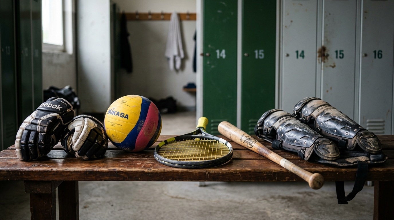 Matériel de sport posé sur un banc de vestiaire