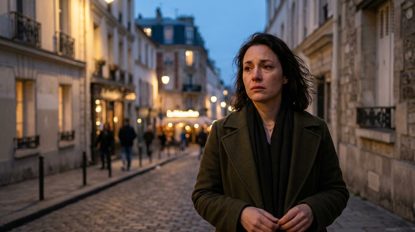 Femme au regard grave dans une rue de Montmartre