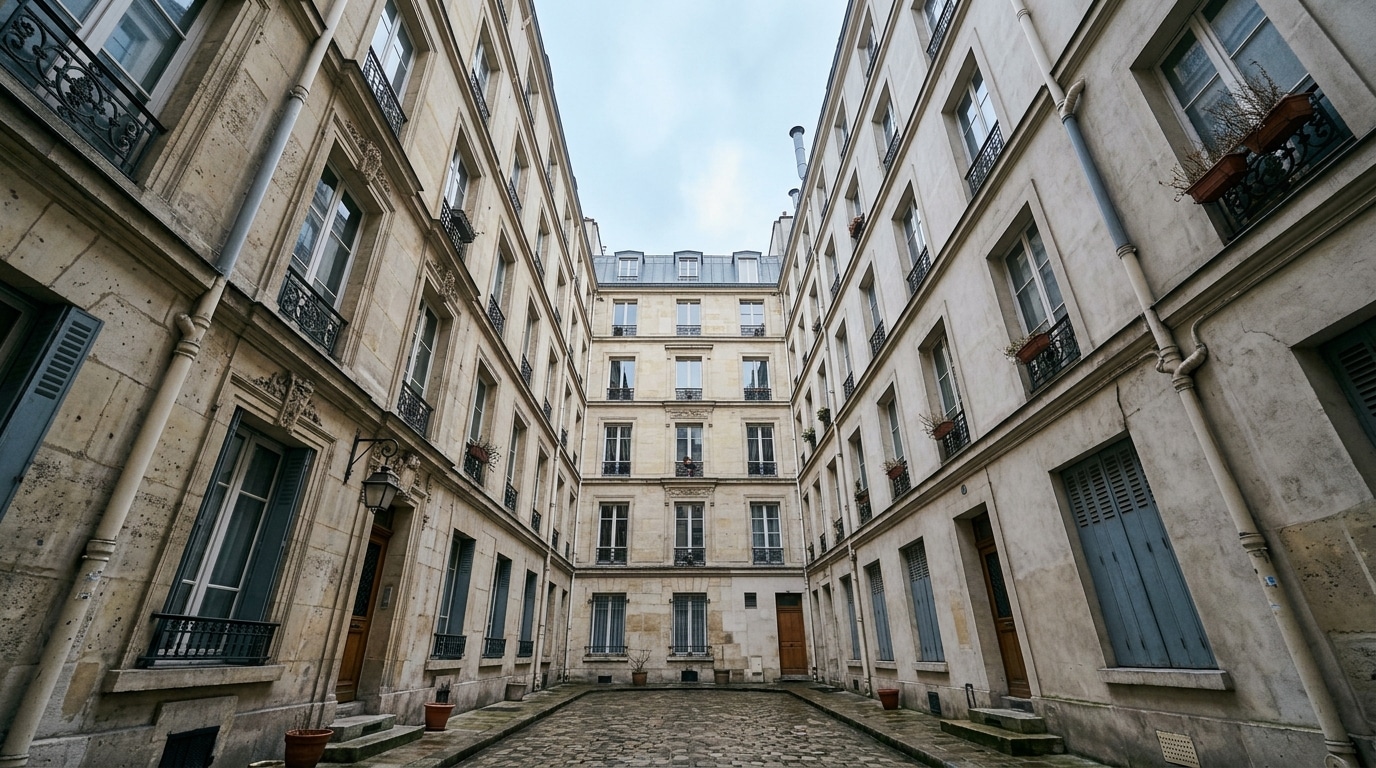 Cour intérieure d'immeuble parisien vue d'en bas