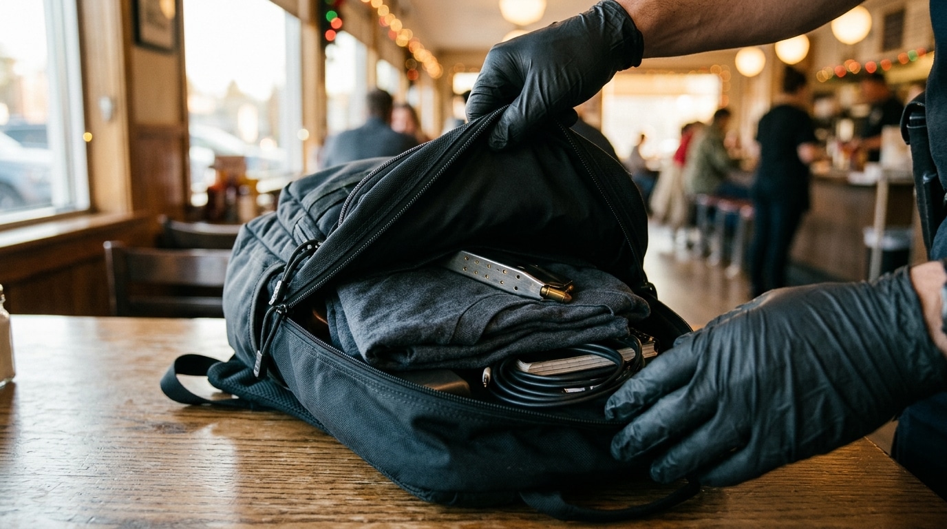 Sac à dos ouvert avec un chargeur sur une table