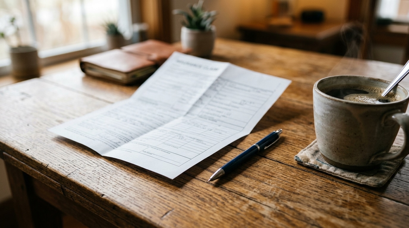 Dossier d'assurance et stylo posés sur une table en bois