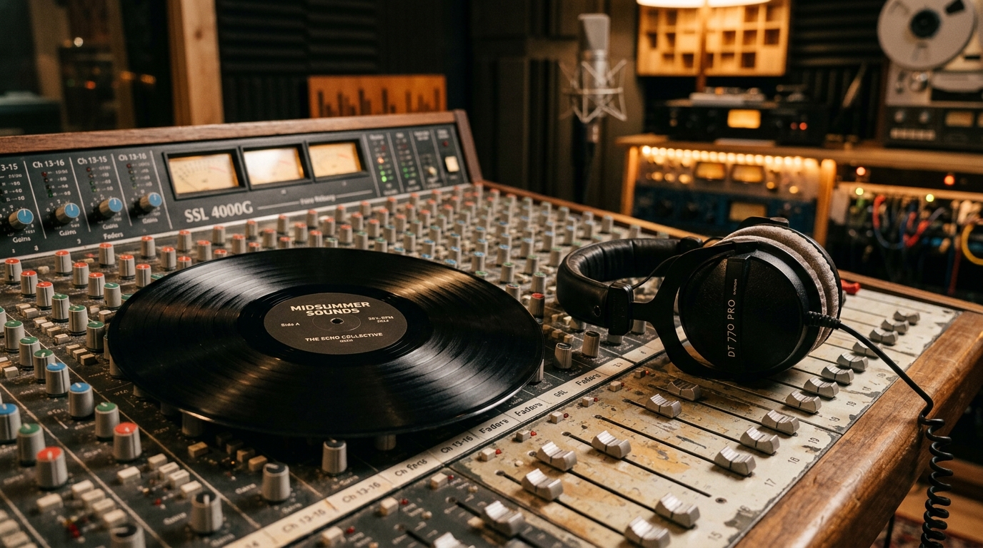 Vinyle et casque posés sur une console de studio