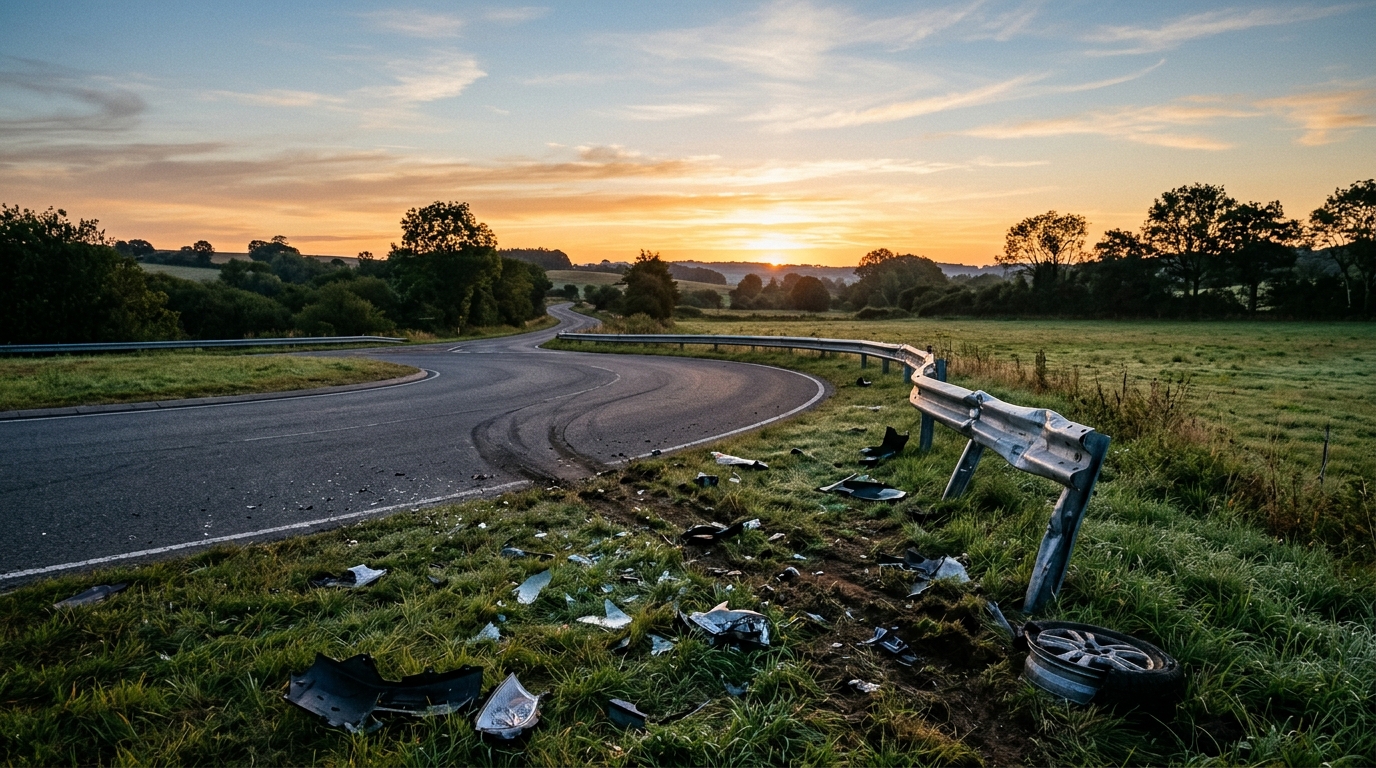 Glissière de sécurité tordue près d'un rond-point au petit matin