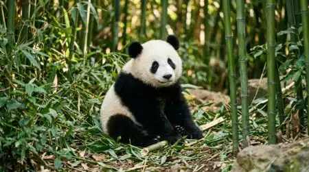 Jeune panda géant assis parmi des bambous