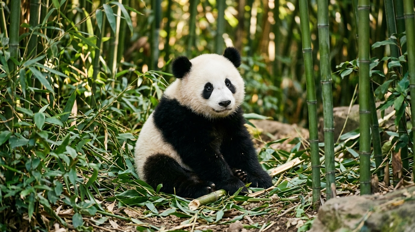 Jeune panda géant assis parmi des bambous