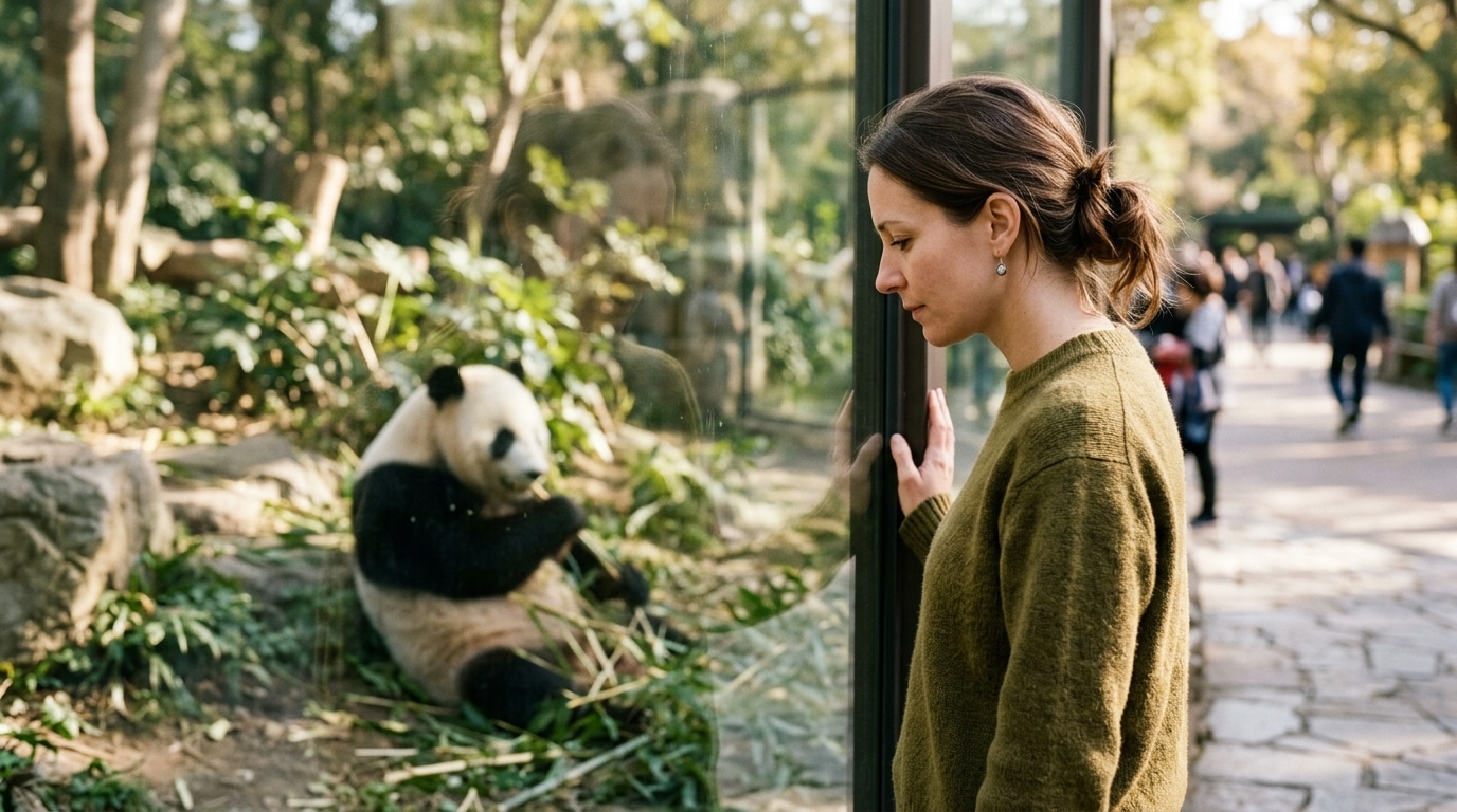 Visiteuse mélancolique observant l'enclos des pandas