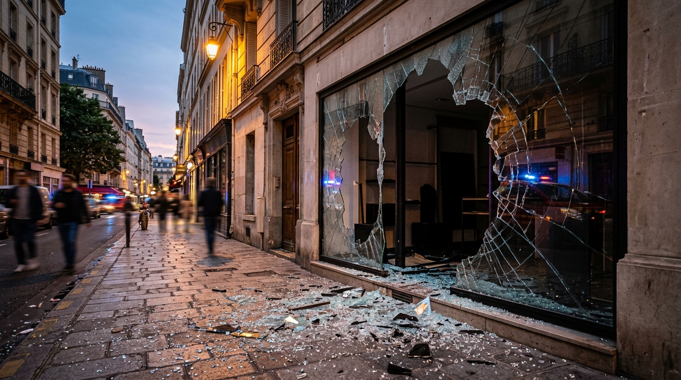 Vitrine brisée et éclats de verre dans une rue