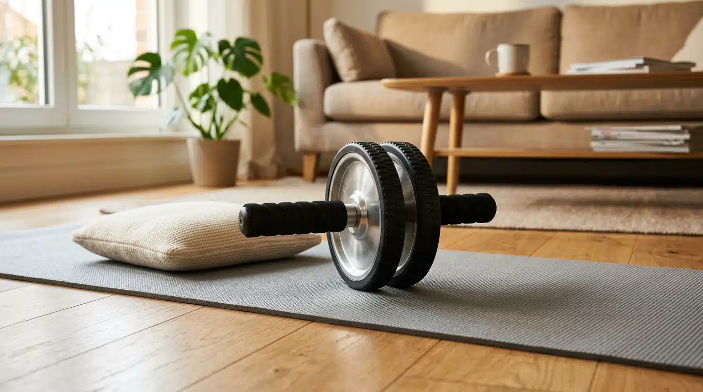 Rouleau abdominal en acier posé sur un tapis