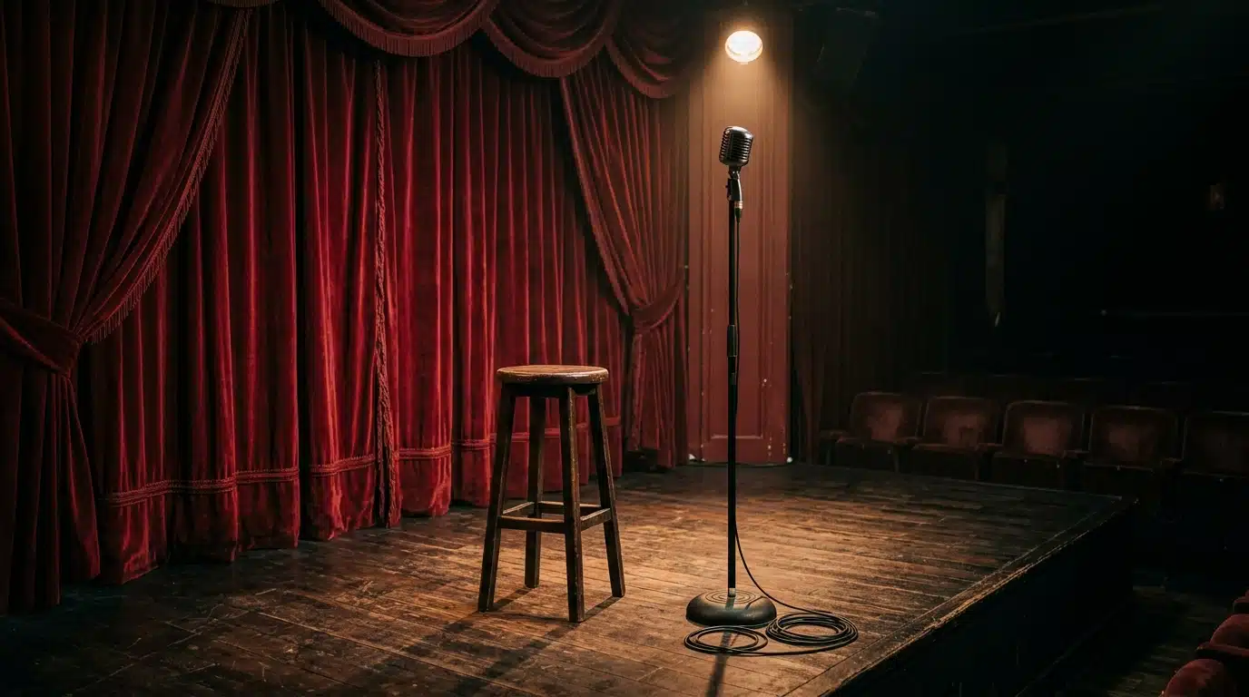 Micro et tabouret sur une scène de théâtre parisien