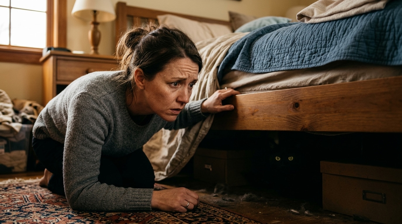 Femme inquiète regardant sous un lit où se cache un chat