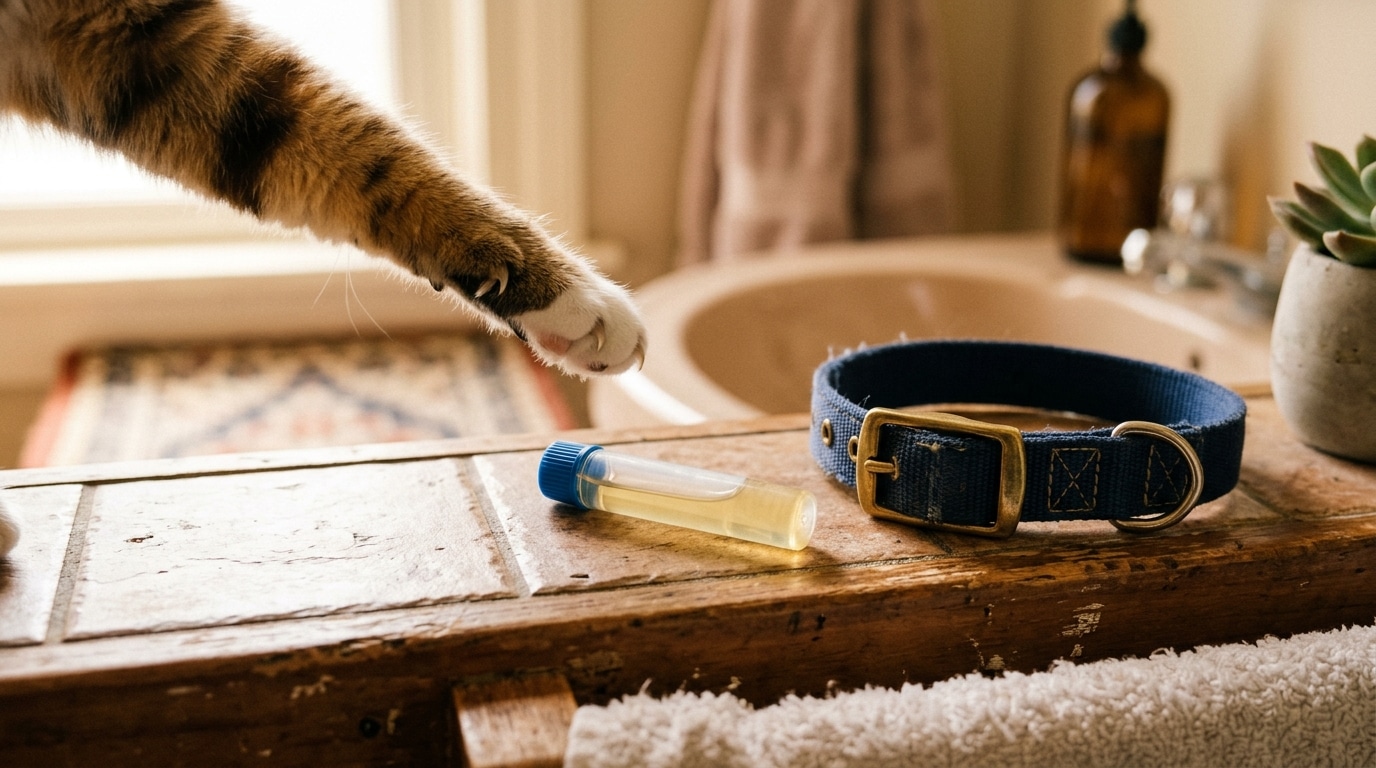 Pipette antiparasitaire près d'un collier de chien et patte de chat