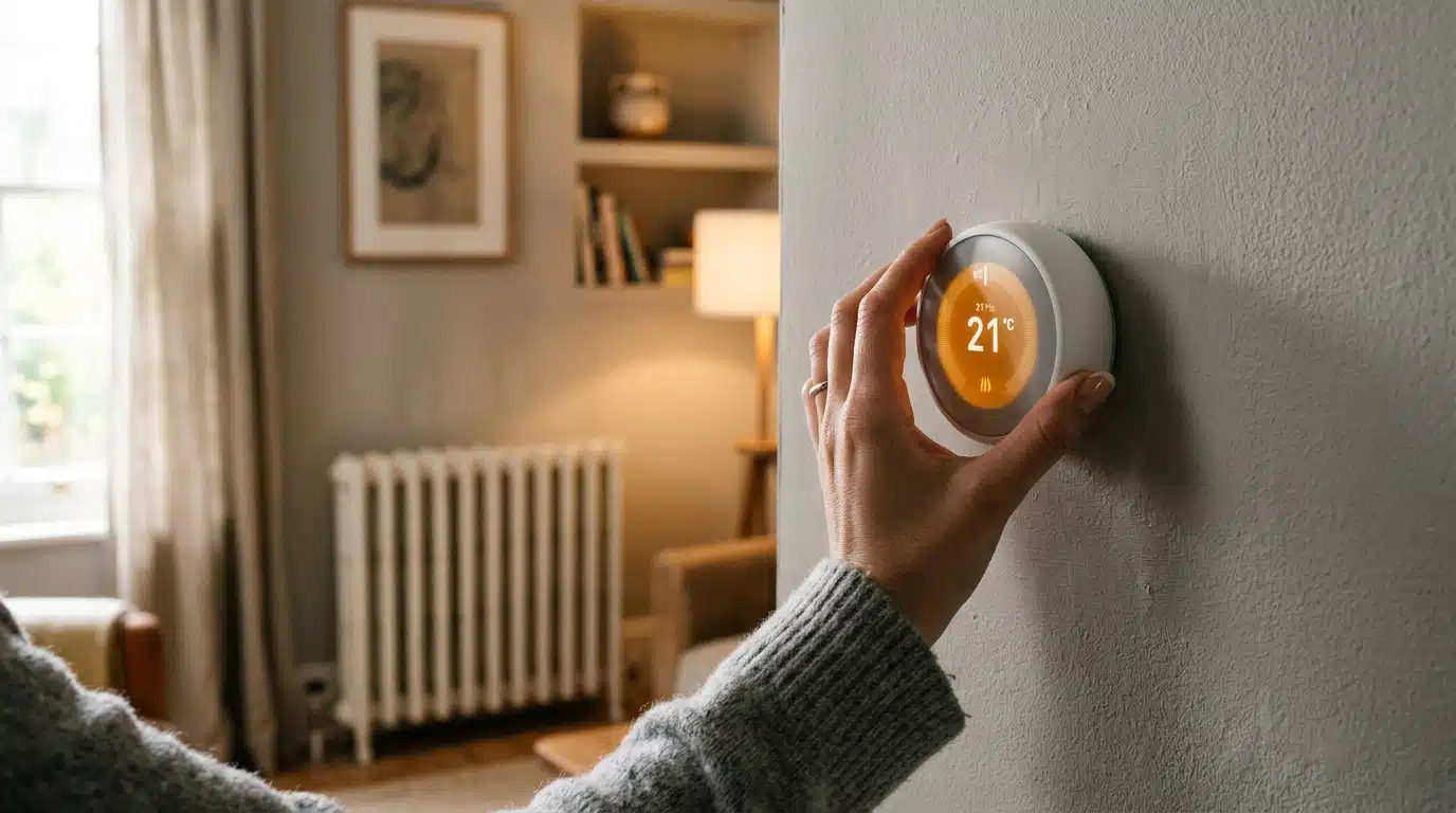 Main réglant un thermostat mural dans un salon cosy