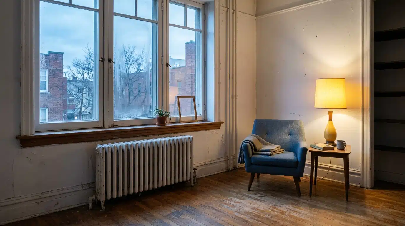 Radiateur blanc sous une fenêtre dans un appartement ancien