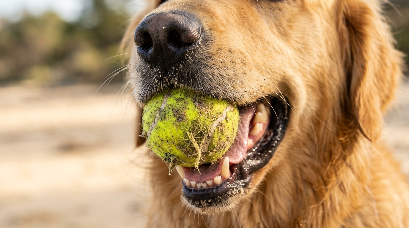 Balle de tennis sale dans la gueule d'un chien
