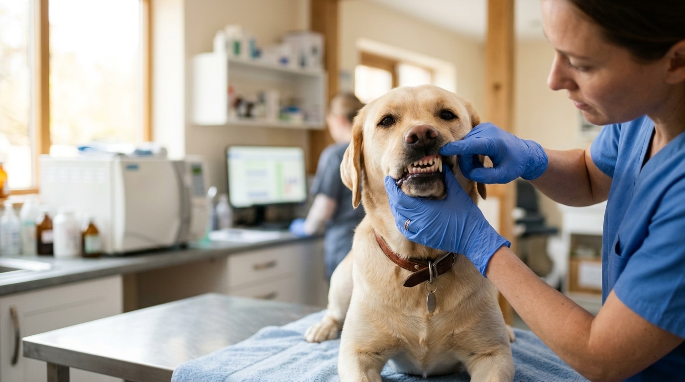 Vétérinaire examinant les dents d'un labrador calme