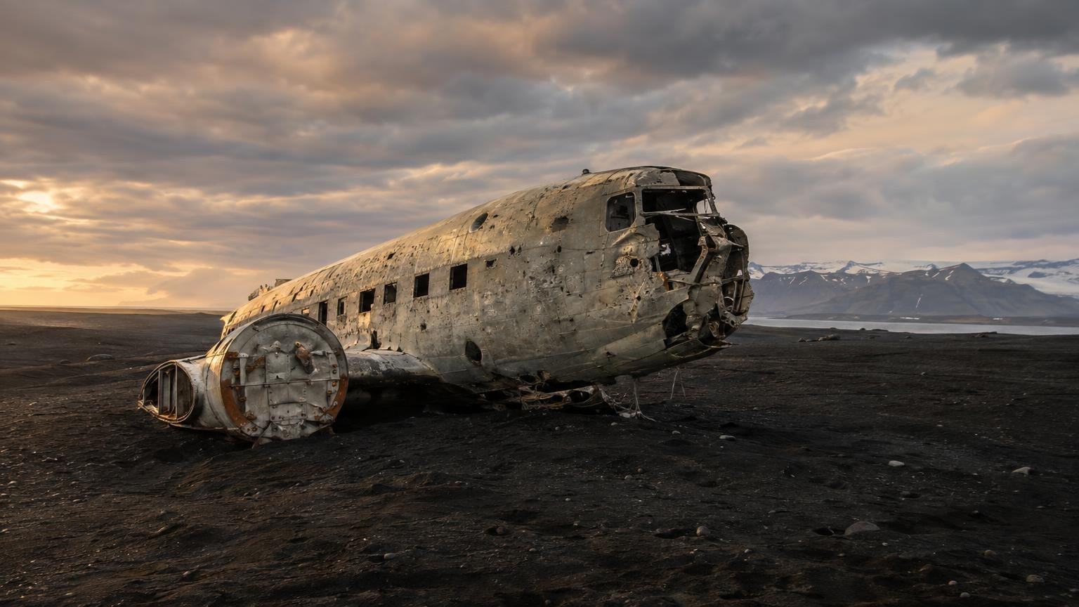 Carcasse d'avion militaire sur plage de sable noir