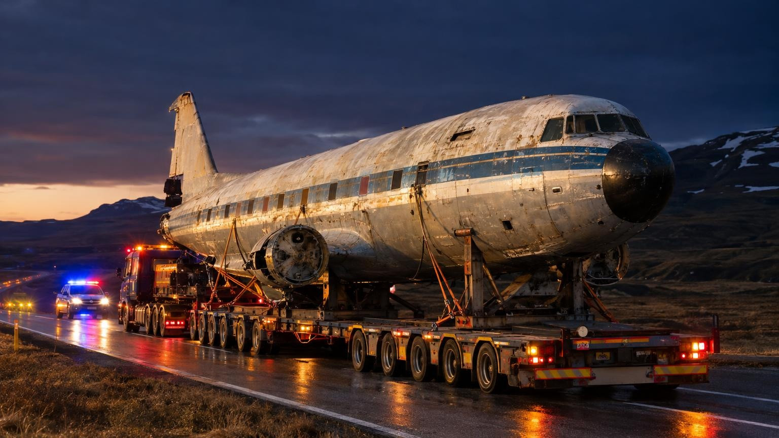 Fuselage d'avion transporté de nuit sur un camion à plateau