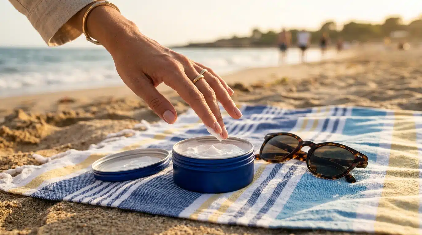 Pot de crème bleu ouvert sur serviette de plage