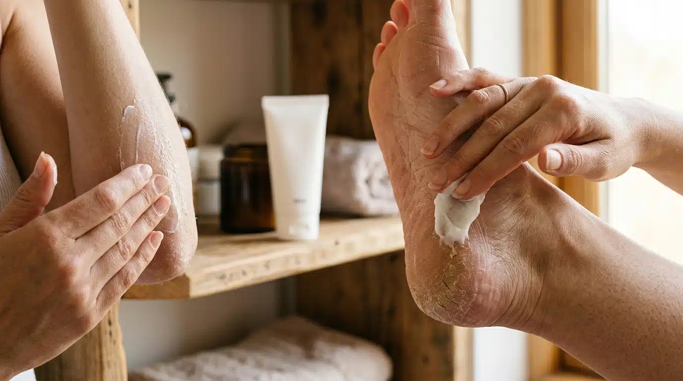 Mains appliquant une crème riche sur un talon sec