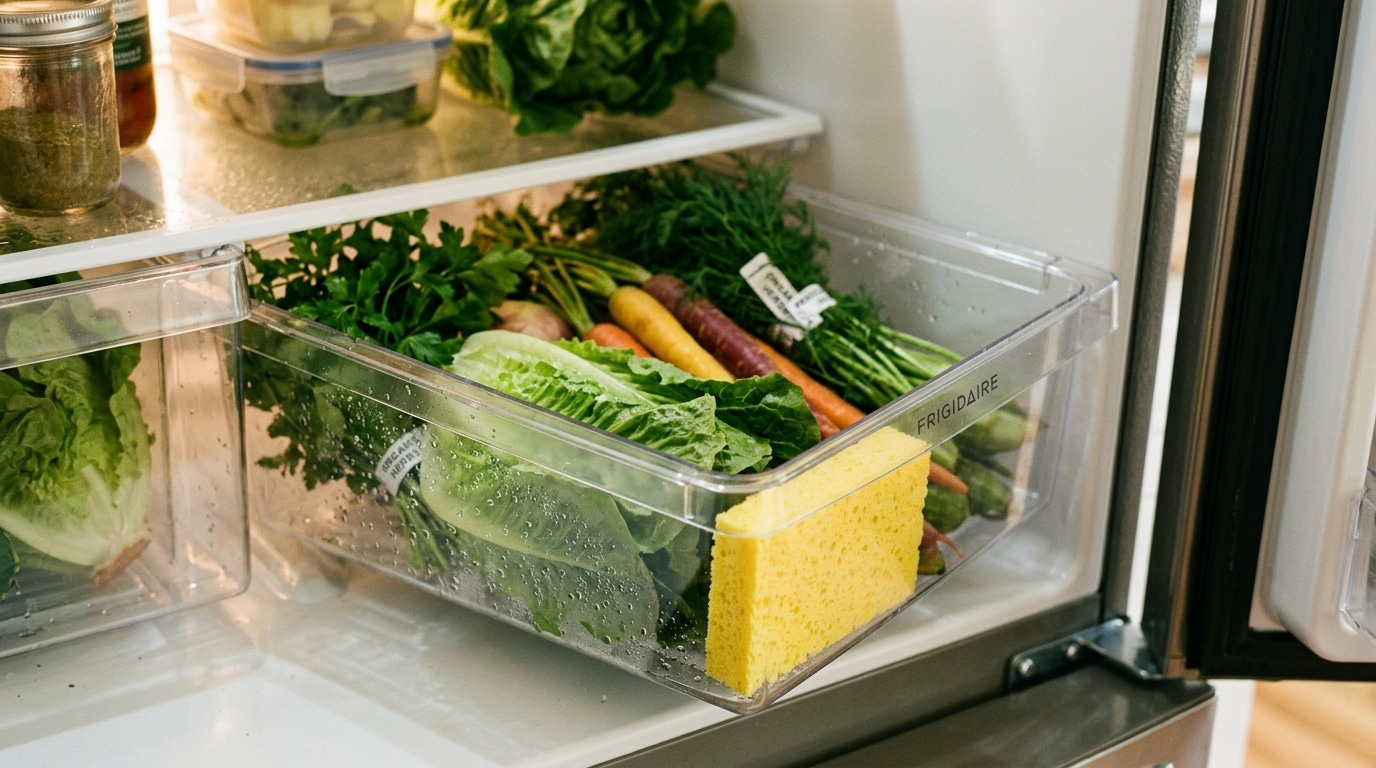 Éponge sèche dans un bac à légumes de frigo
