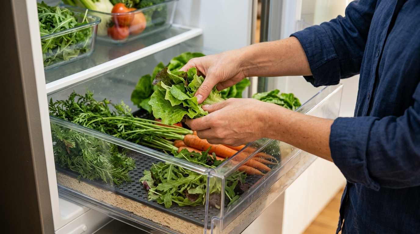 Mains rangeant salades et carottes dans le tiroir du frigo