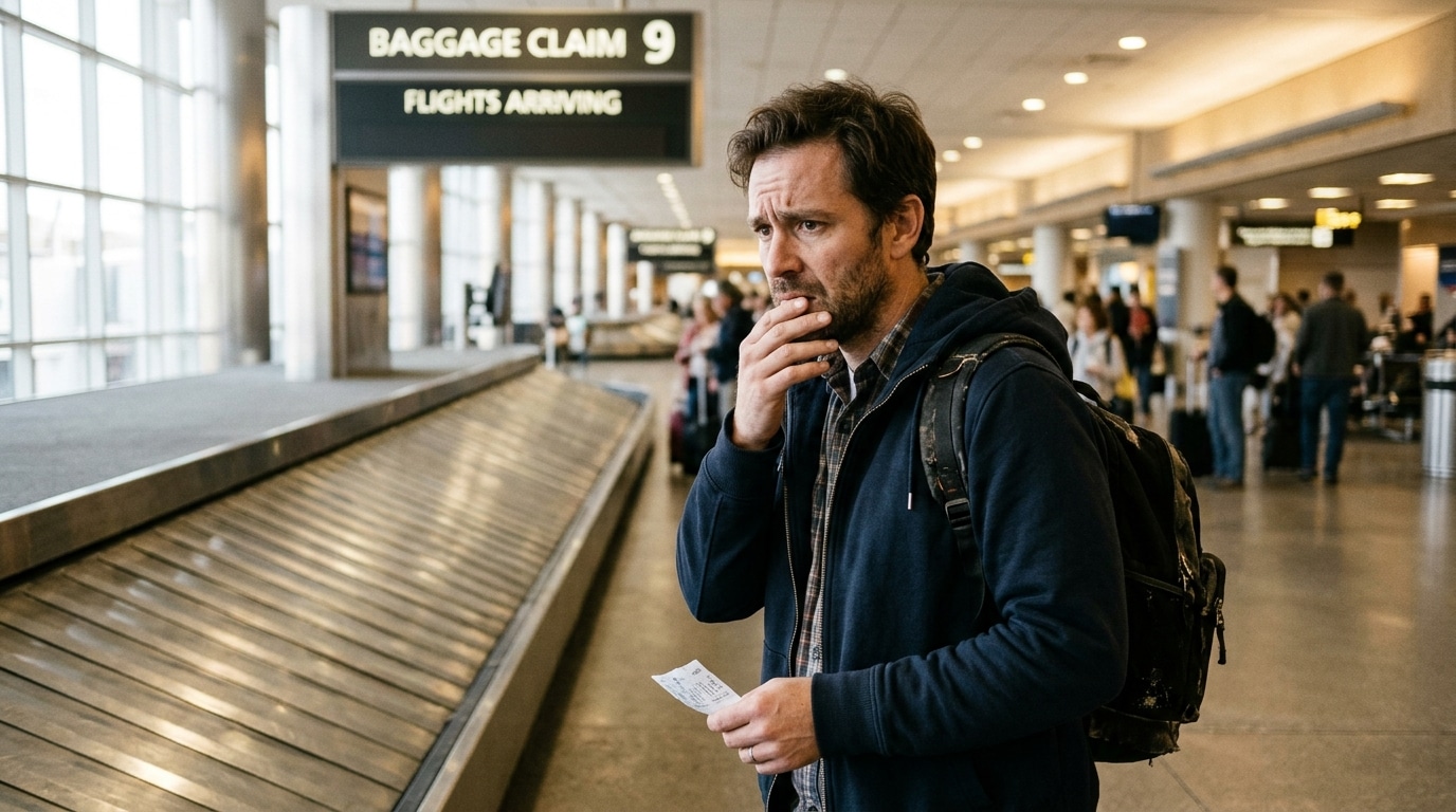 Voyageur inquiet devant un tapis à bagages vide