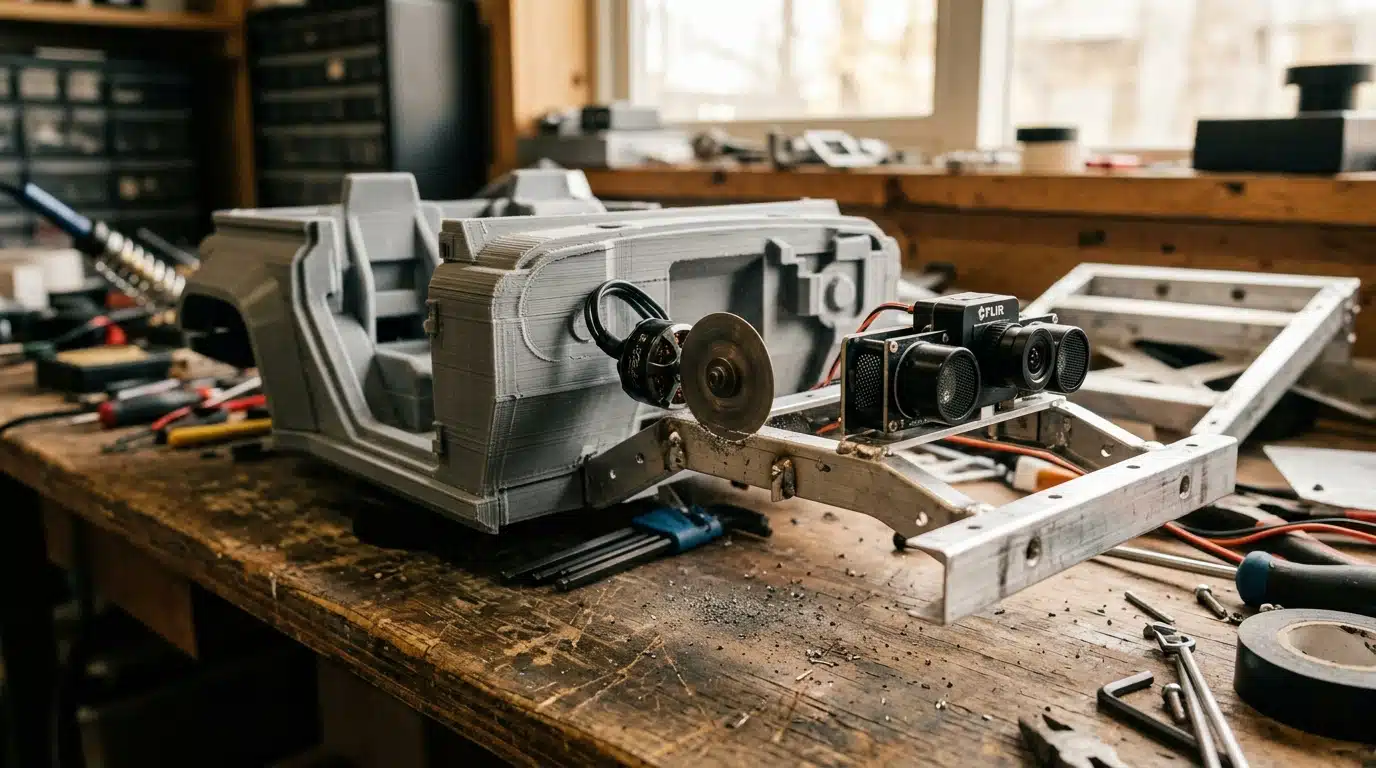 Châssis aluminium et capteurs d'un robot tondeuse sur établi