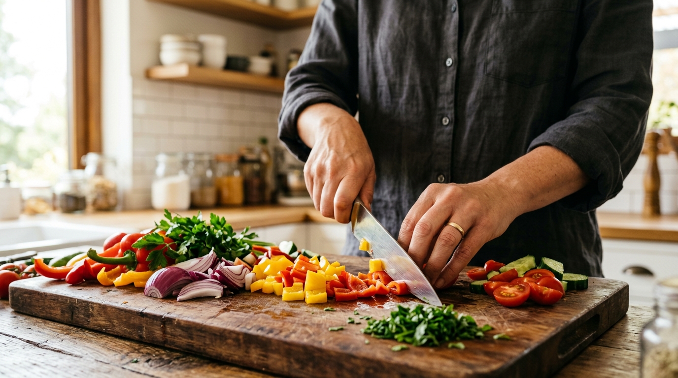 Mains coupant des légumes frais sur une planche en bois