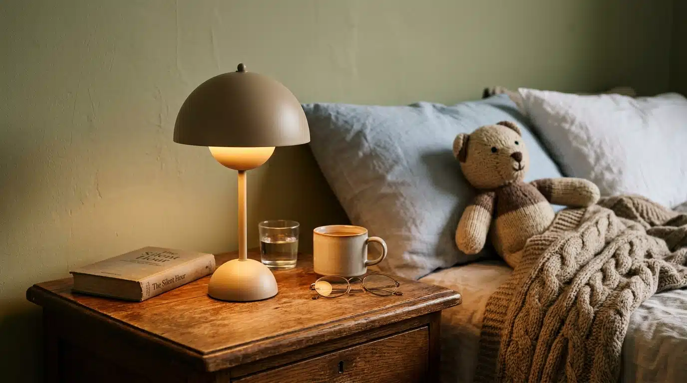 Lampe champignon beige allumée sur table de chevet en bois