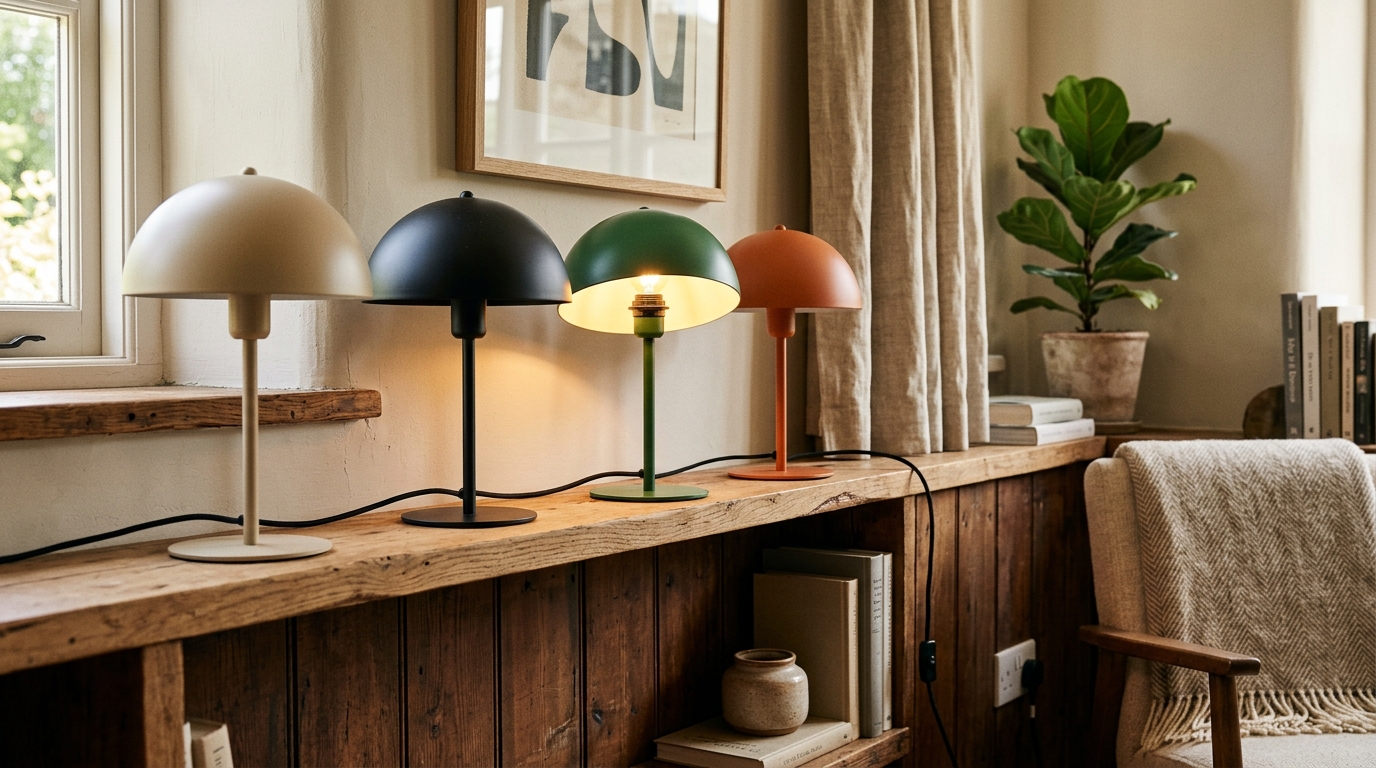 Quatre lampes champignon colorées alignées sur une étagère de salon