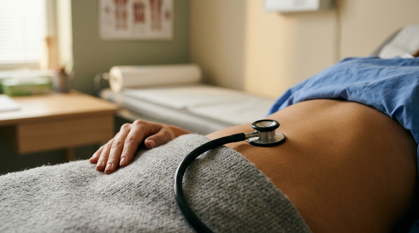 Stéthoscope posé sur le ventre d'une personne allongée