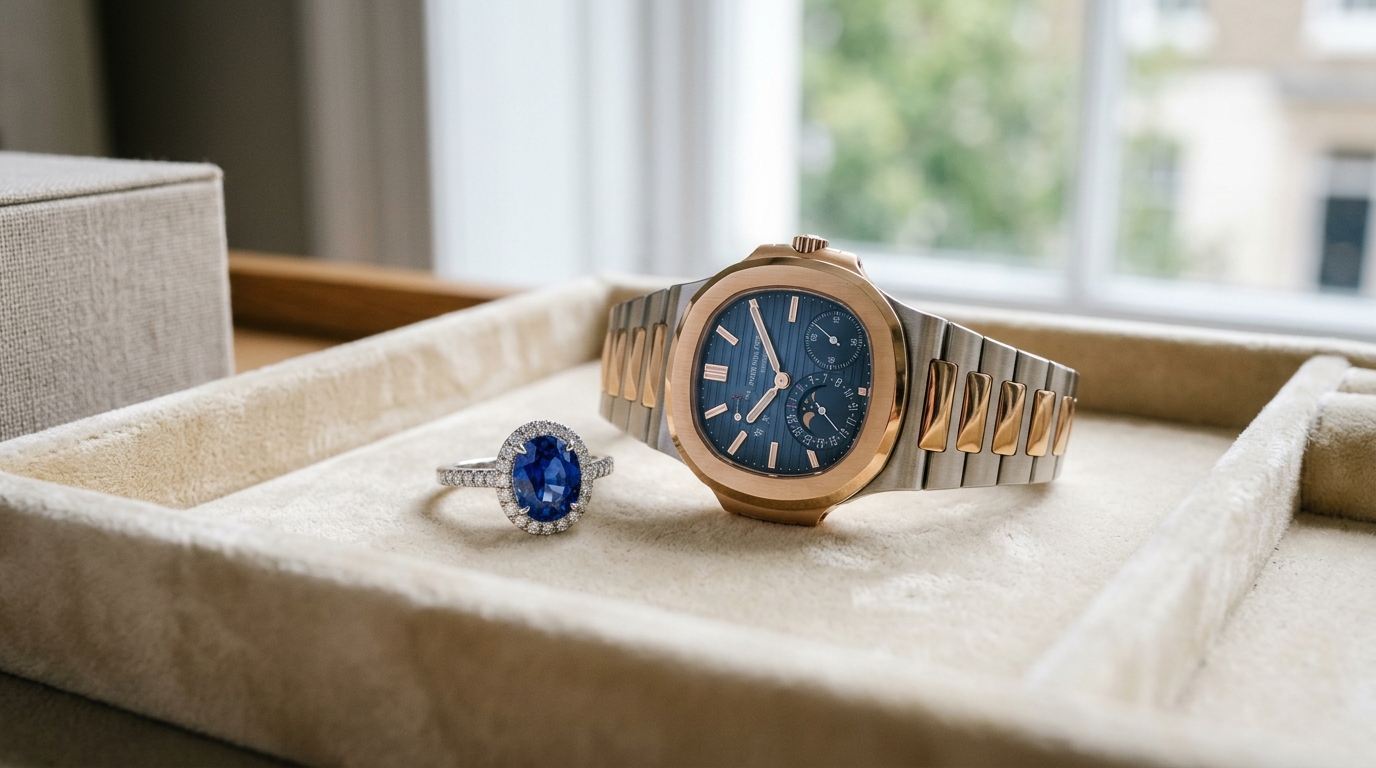 Bague saphir ovale et montre de luxe sur plateau de velours