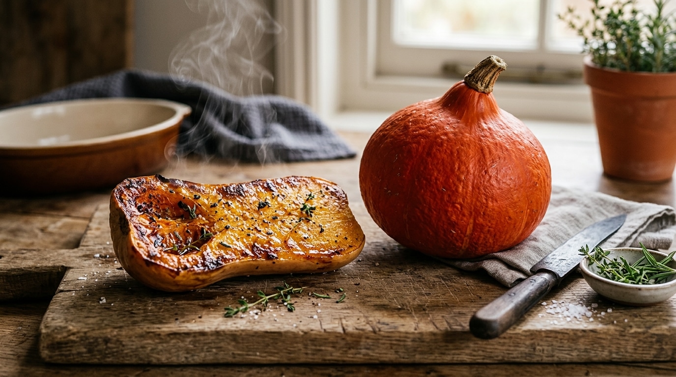 Quartier de butternut rôti sur planche en bois