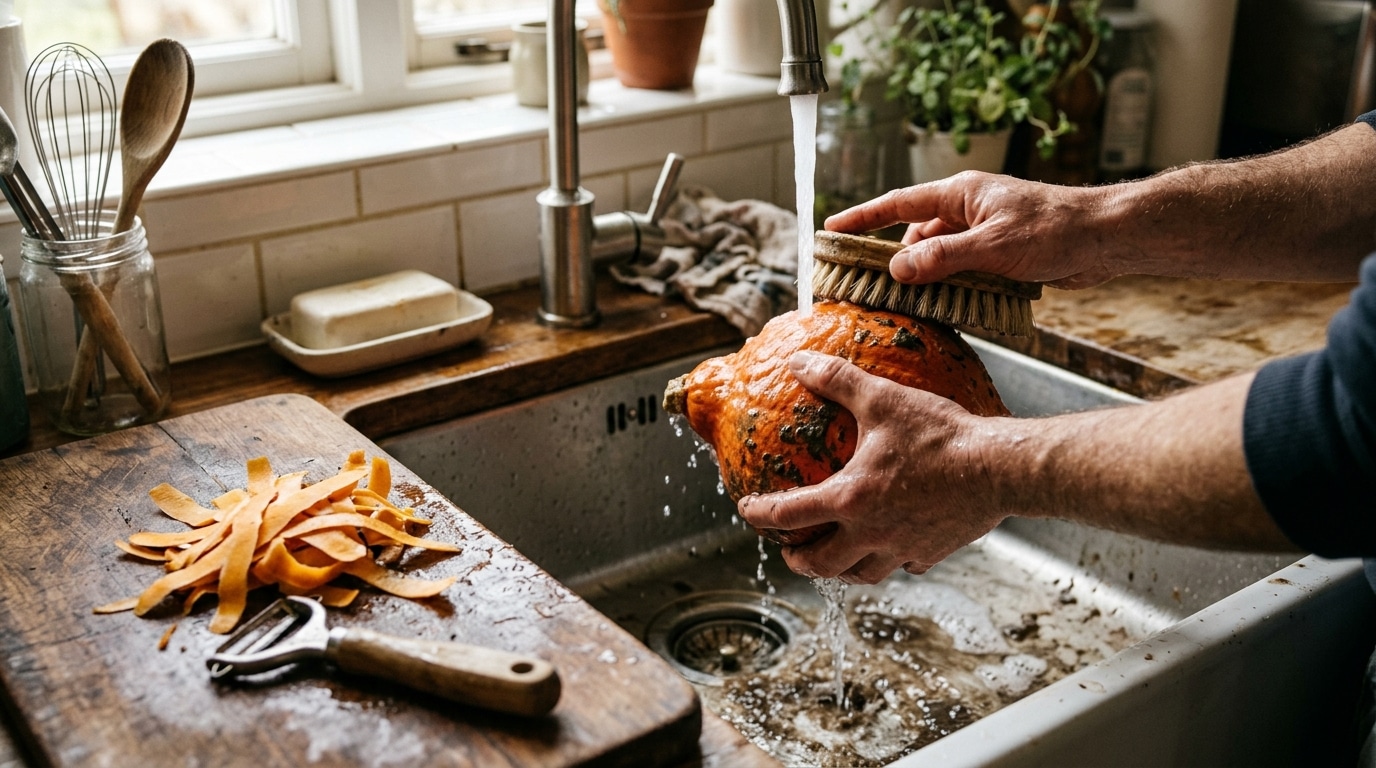 Mains brossant une courge sous l'eau dans l'évier