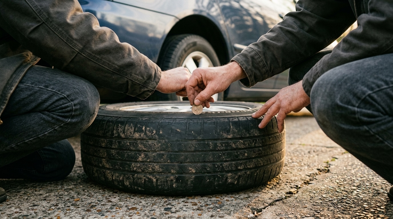 Mains vérifiant l'usure intérieure d'un pneu avec une pièce