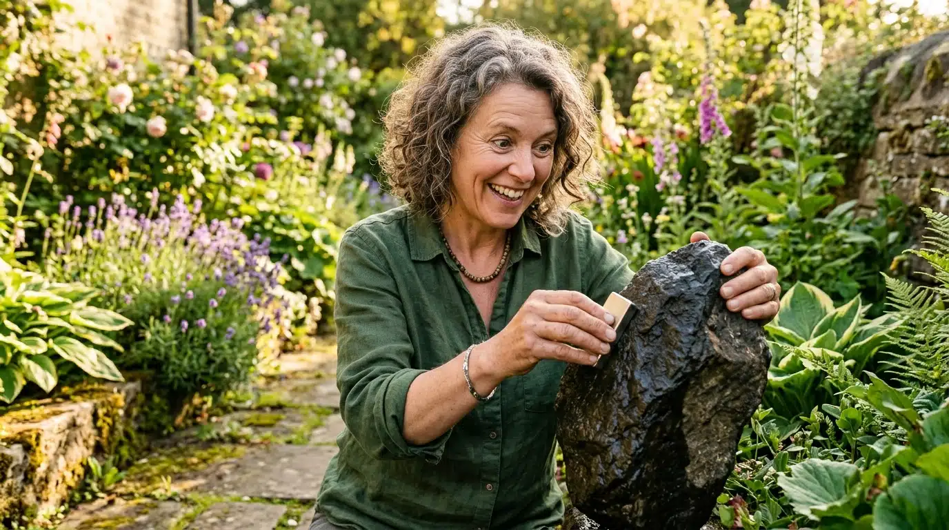 Femme testant une pierre sombre avec un aimant dans son jardin