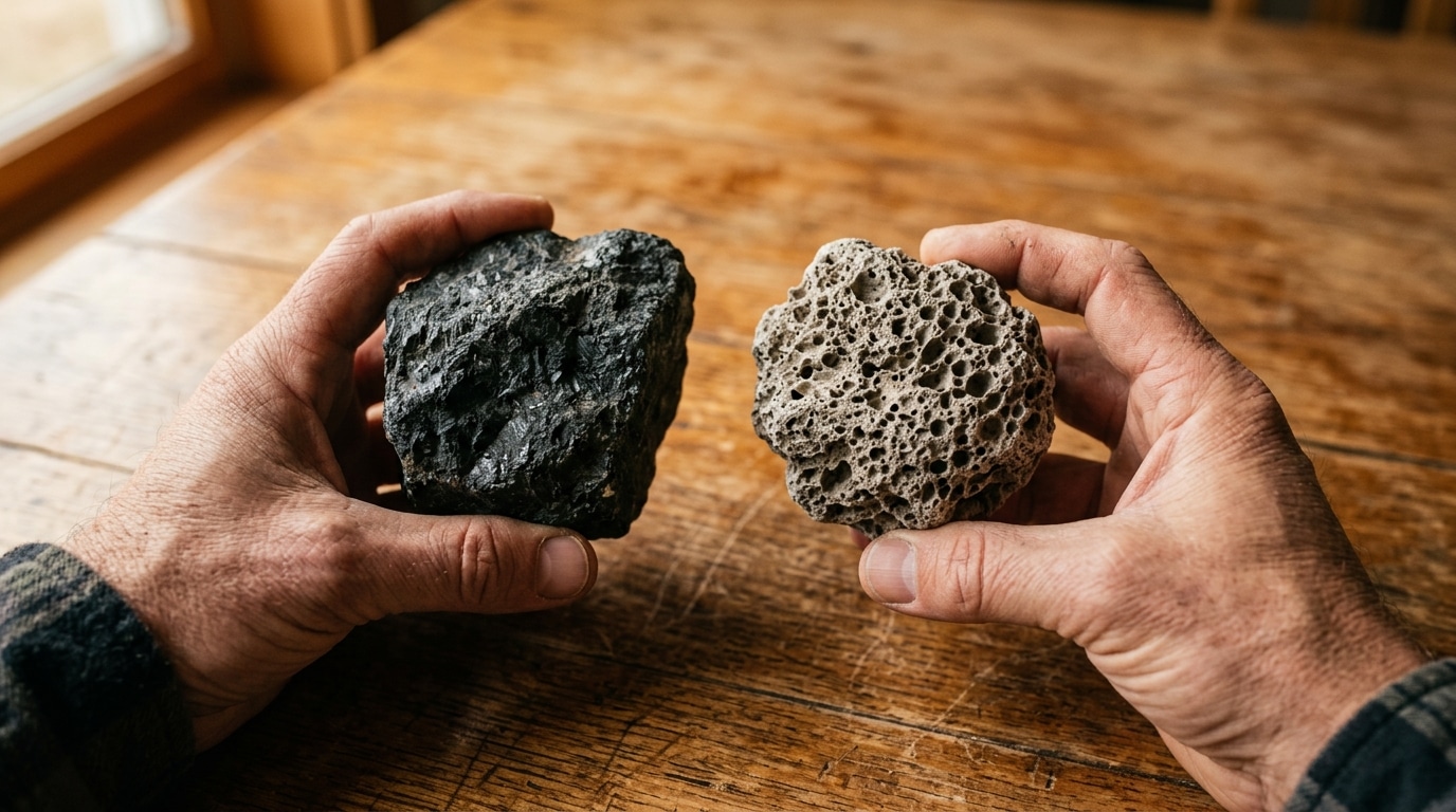 Comparaison d'une pierre dense et d'une roche volcanique alvéolée