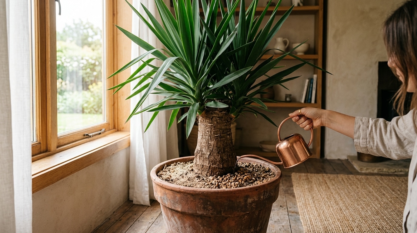 Yucca pied d'éléphant en pot près d'une fenêtre ensoleillée