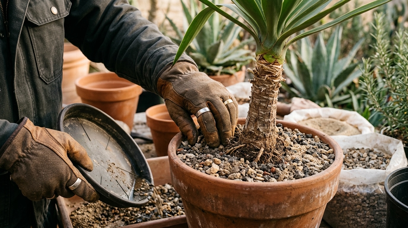 Mains gantées vérifiant un sol drainant au pied d'un yucca