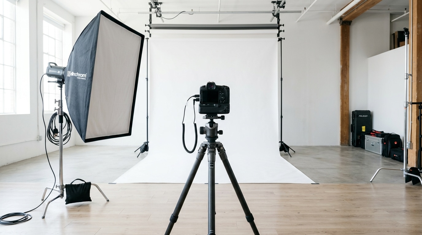 Appareil photo sur trépied dans un studio lumineux