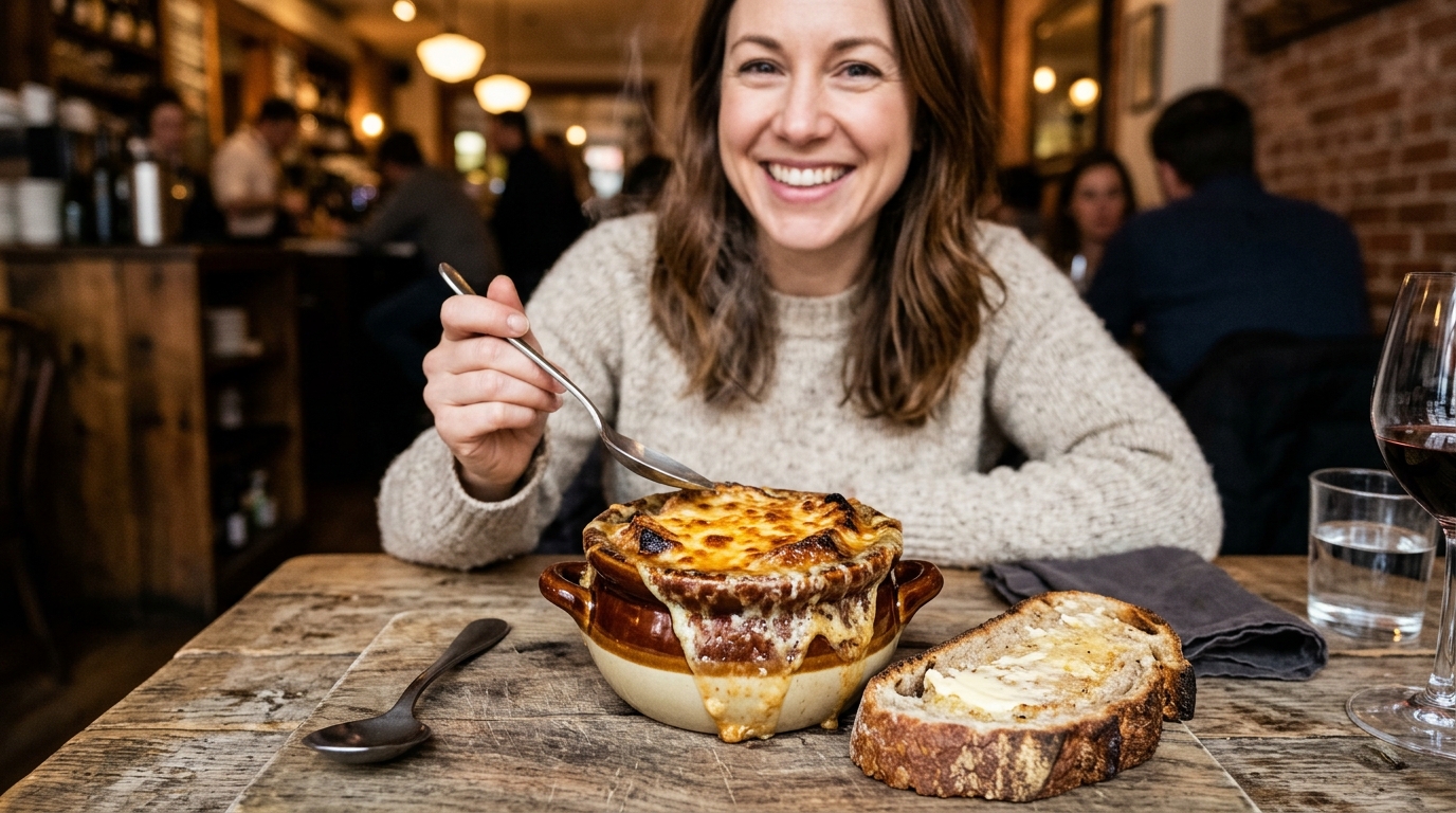 Bol de soupe à l'oignon gratinée fumante