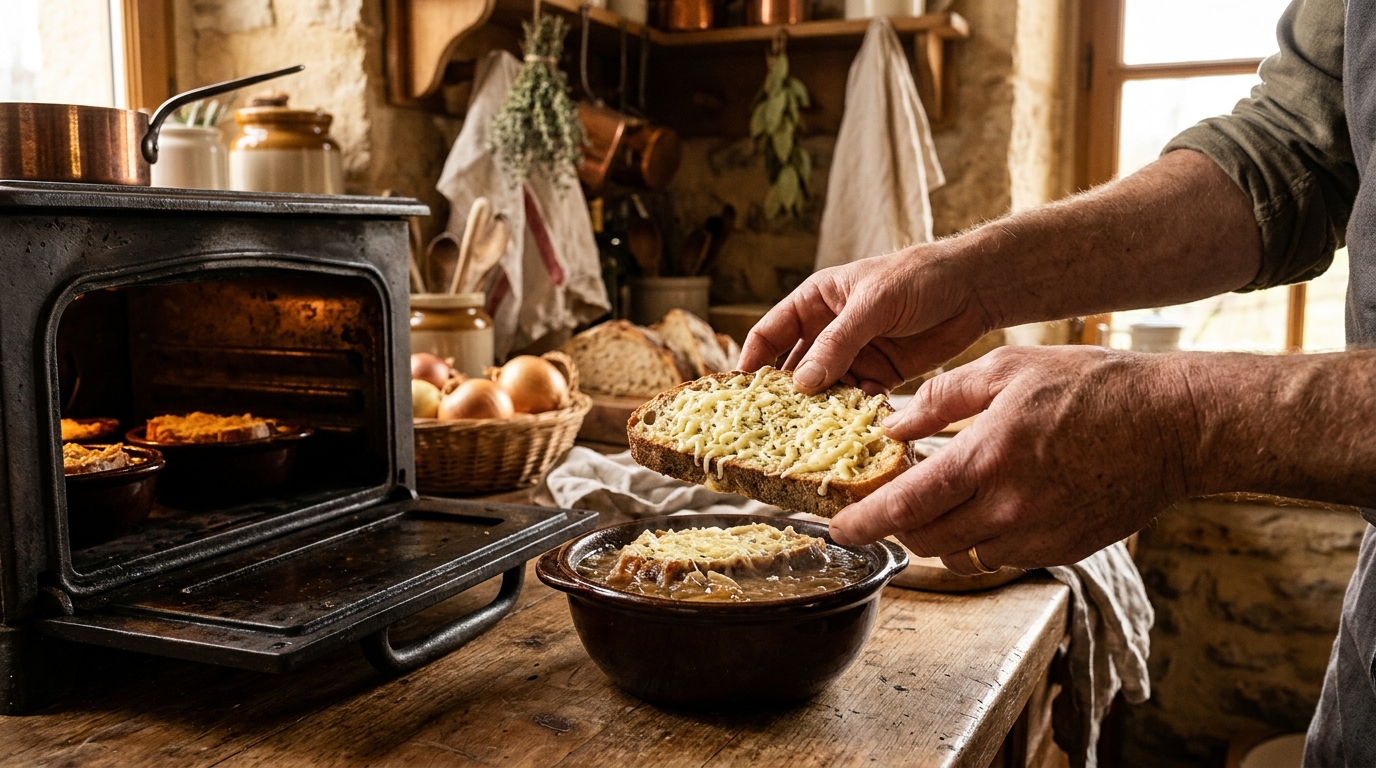 Tranche de pain rassis au fromage sur un bol de soupe