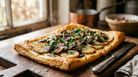 Tarte fine dorée aux cèpes et pommes de terre
