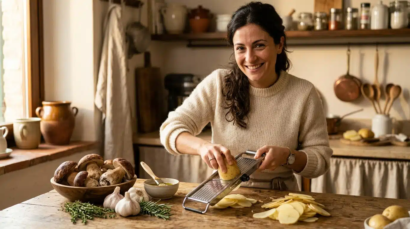 Femme tranchant finement des pommes de terre à la mandoline